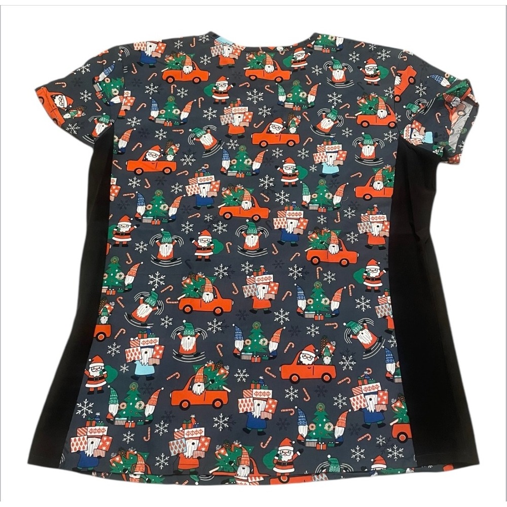 DIVINE SCRUBS Women Holiday Santa Gnome Christmas Tree Car Print Scrub Top M - Picture 4 of 5